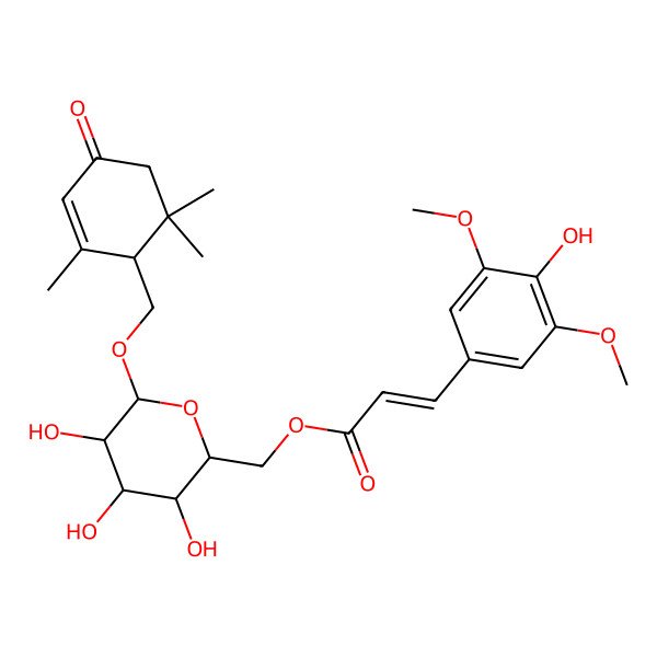 2D Structure of [3,4,5-Trihydroxy-6-[(2,6,6-trimethyl-4-oxocyclohex-2-en-1-yl)methoxy]oxan-2-yl]methyl 3-(4-hydroxy-3,5-dimethoxyphenyl)prop-2-enoate