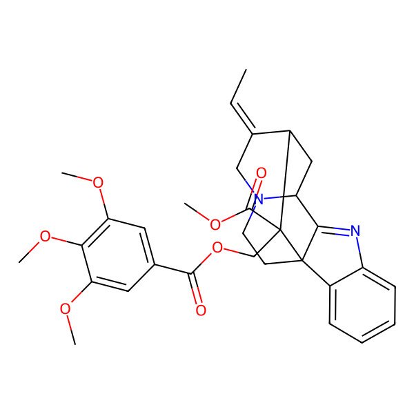 2D Structure of methyl (1S,10S,12S,13E,18R)-13-ethylidene-18-[(3,4,5-trimethoxybenzoyl)oxymethyl]-8,15-diazapentacyclo[10.5.1.01,9.02,7.010,15]octadeca-2,4,6,8-tetraene-18-carboxylate