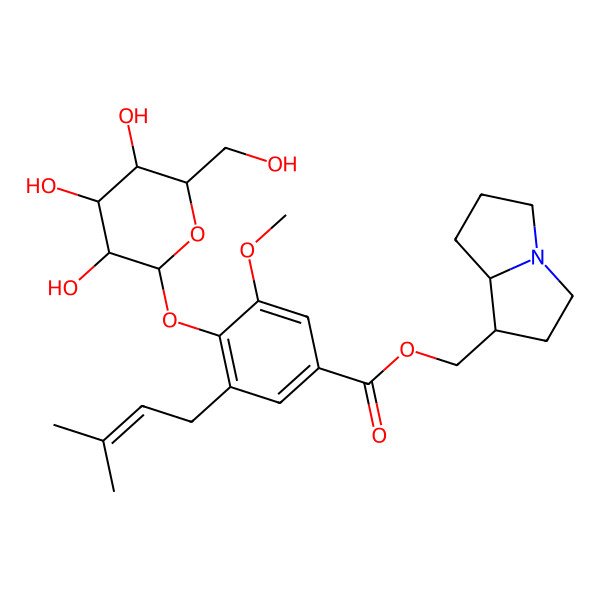 2D Structure of 2,3,5,6,7,8-hexahydro-1H-pyrrolizin-1-ylmethyl 3-methoxy-5-(3-methylbut-2-enyl)-4-[3,4,5-trihydroxy-6-(hydroxymethyl)oxan-2-yl]oxybenzoate