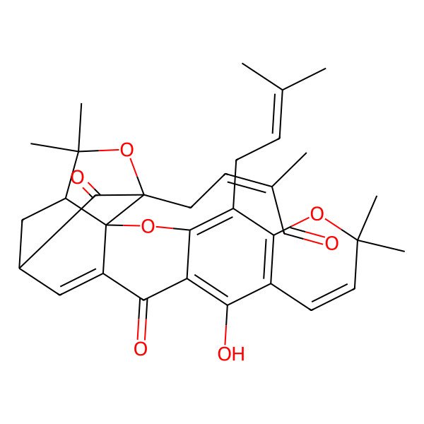 2D Structure of 4-[12-Hydroxy-8,8,21,21-tetramethyl-5-(3-methylbut-2-enyl)-14,18-dioxo-3,7,20-trioxahexacyclo[15.4.1.02,15.02,19.04,13.06,11]docosa-4(13),5,9,11,15-pentaen-19-yl]-2-methylbut-2-enal