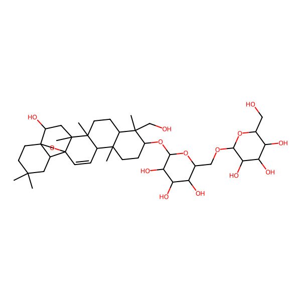 2D Structure of 2-(Hydroxymethyl)-6-[[3,4,5-trihydroxy-6-[[2-hydroxy-9-(hydroxymethyl)-4,5,9,13,20,20-hexamethyl-24-oxahexacyclo[15.5.2.01,18.04,17.05,14.08,13]tetracos-15-en-10-yl]oxy]oxan-2-yl]methoxy]oxane-3,4,5-triol