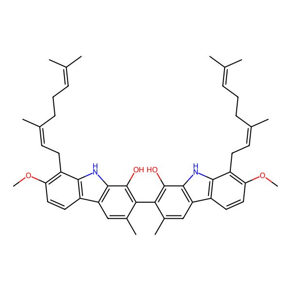 2D Structure of 8-(3,7-dimethylocta-2,6-dienyl)-2-[8-(3,7-dimethylocta-2,6-dienyl)-1-hydroxy-7-methoxy-3-methyl-9H-carbazol-2-yl]-7-methoxy-3-methyl-9H-carbazol-1-ol