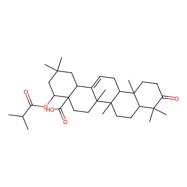 2D Structure of 2,2,6a,6b,9,9,12a-heptamethyl-4-(2-methylpropanoyloxy)-10-oxo-3,4,5,6,6a,7,8,8a,11,12,13,14b-dodecahydro-1H-picene-4a-carboxylic acid