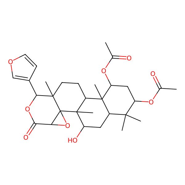 2D Structure of [(1S,2R,4S,7S,8S,11R,12S,13S,15S,17S,19R)-13-acetyloxy-7-(furan-3-yl)-19-hydroxy-1,8,12,16,16-pentamethyl-5-oxo-3,6-dioxapentacyclo[9.8.0.02,4.02,8.012,17]nonadecan-15-yl] acetate