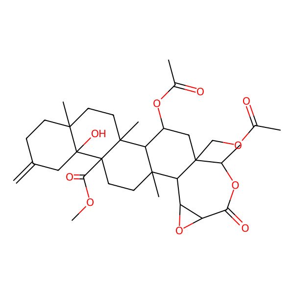 2D Structure of Methyl 24-acetyloxy-22-(acetyloxymethyl)-10-hydroxy-2,5,14,21-tetramethyl-8-methylidene-19-oxo-17,20-dioxahexacyclo[12.10.0.02,11.05,10.015,22.016,18]tetracosane-11-carboxylate