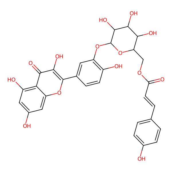 2D Structure of [(2R,3S,4S,5R,6R)-3,4,5-trihydroxy-6-[2-hydroxy-5-(3,5,7-trihydroxy-4-oxochromen-2-yl)phenoxy]oxan-2-yl]methyl (E)-3-(4-hydroxyphenyl)prop-2-enoate