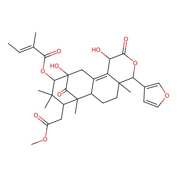 2D Structure of [(1S,2R,5S,6S,9S,13S,14R,16R)-6-(furan-3-yl)-9,13-dihydroxy-16-(2-methoxy-2-oxoethyl)-1,5,15,15-tetramethyl-8,17-dioxo-7-oxatetracyclo[11.3.1.02,11.05,10]heptadec-10-en-14-yl] (E)-2-methylbut-2-enoate