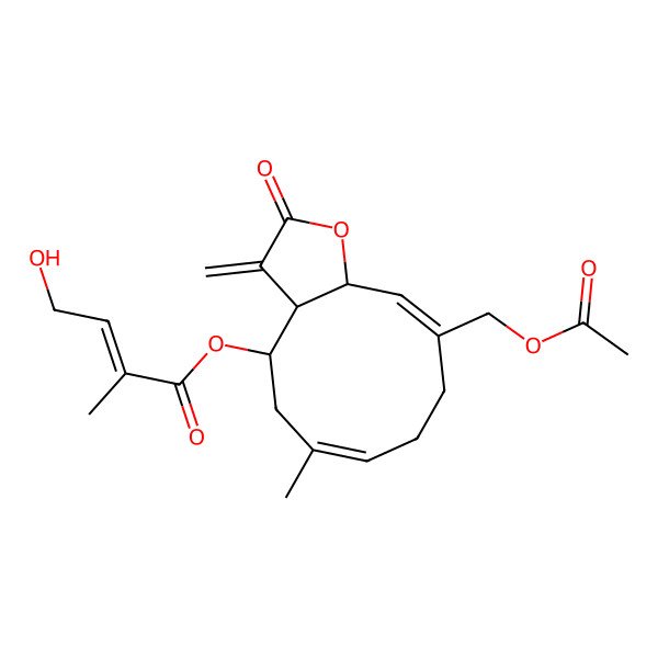 2D Structure of [(3aR,4R,6E,10Z,11aR)-10-(acetyloxymethyl)-6-methyl-3-methylidene-2-oxo-3a,4,5,8,9,11a-hexahydrocyclodeca[b]furan-4-yl] (E)-4-hydroxy-2-methylbut-2-enoate