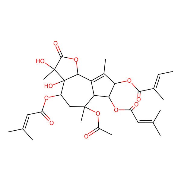 2D Structure of [6-Acetyloxy-3,3a-dihydroxy-3,6,9-trimethyl-4,7-bis(3-methylbut-2-enoyloxy)-2-oxo-4,5,6a,7,8,9b-hexahydroazuleno[4,5-b]furan-8-yl] 2-methylbut-2-enoate