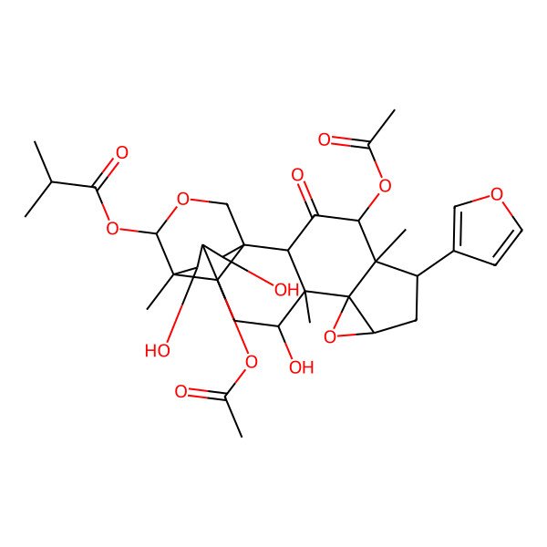 2D Structure of [(1S,2R,4R,5S,6R,8S,10R,11S,12S,14R,15R,16S,19R,20S,21R)-4,20-diacetyloxy-6-(furan-3-yl)-12,19,21-trihydroxy-5,11,15-trimethyl-3-oxo-9,17-dioxahexacyclo[13.3.3.01,14.02,11.05,10.08,10]henicosan-16-yl] 2-methylpropanoate