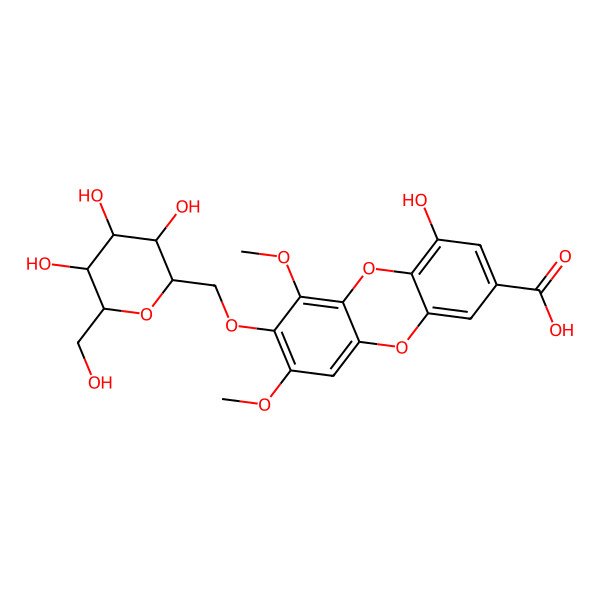 2D Structure of 4-hydroxy-6,8-dimethoxy-7-[[(2S,3R,4S,5S,6R)-3,4,5-trihydroxy-6-(hydroxymethyl)oxan-2-yl]methoxy]dibenzo-p-dioxin-2-carboxylic acid