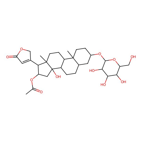 2D Structure of [14-hydroxy-10,13-dimethyl-17-(5-oxo-2H-furan-3-yl)-3-[3,4,5-trihydroxy-6-(hydroxymethyl)oxan-2-yl]oxy-1,2,3,4,5,6,7,8,9,11,12,15,16,17-tetradecahydrocyclopenta[a]phenanthren-16-yl] acetate