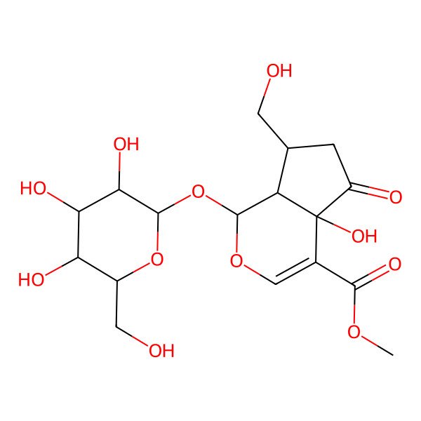 2D Structure of methyl (1S,4aR,7S,7aR)-4a-hydroxy-7-(hydroxymethyl)-5-oxo-1-[(2S,3R,4S,5S,6R)-3,4,5-trihydroxy-6-(hydroxymethyl)oxan-2-yl]oxy-1,6,7,7a-tetrahydrocyclopenta[c]pyran-4-carboxylate