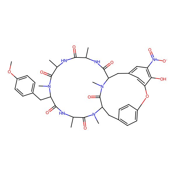 2D Structure of (1S,4R,7S,10S,13S,16S)-24-hydroxy-10-[(4-methoxyphenyl)methyl]-4,7,9,13,15,29-hexamethyl-25-nitro-22-oxa-3,6,9,12,15,29-hexazatetracyclo[14.12.2.218,21.123,27]tritriaconta-18,20,23(31),24,26,32-hexaene-2,5,8,11,14,30-hexone