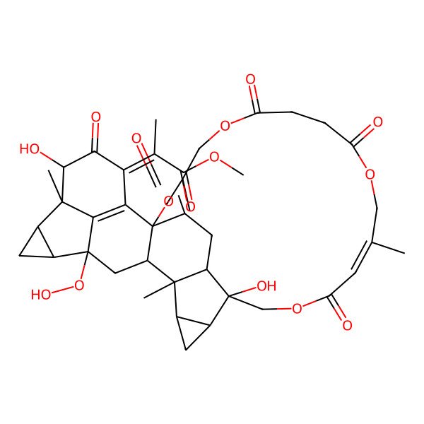 2D Structure of Methyl 2-(25-hydroperoxy-18,30-dihydroxy-13,22,29-trimethyl-3,7,10,15,31-pentaoxo-2,6,11,16-tetraoxanonacyclo[16.15.3.125,29.01,23.04,34.019,21.022,36.026,28.033,37]heptatriaconta-4(34),13,33(37)-trien-32-ylidene)propanoate