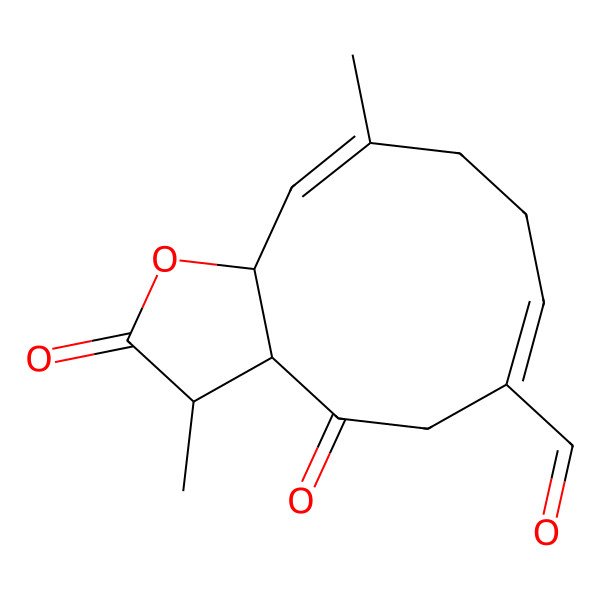 2D Structure of (3S,3aS,6E,10E,11aR)-3,10-dimethyl-2,4-dioxo-3,3a,5,8,9,11a-hexahydrocyclodeca[b]furan-6-carbaldehyde
