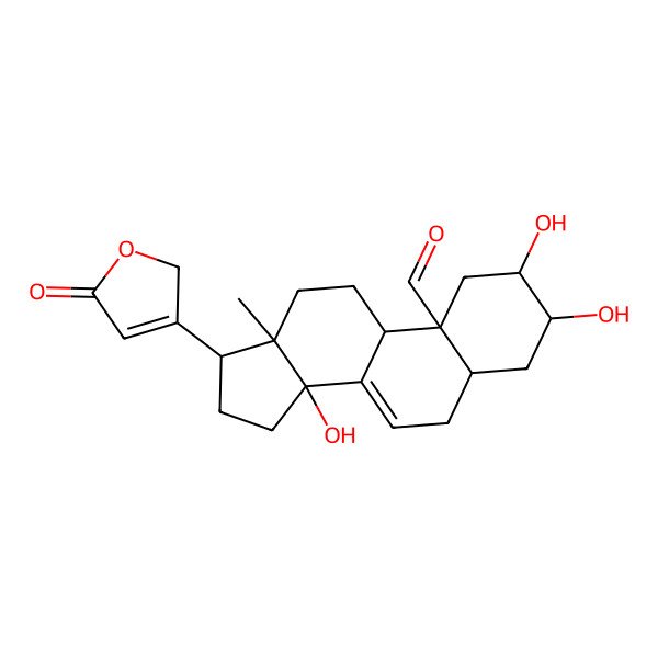 2D Structure of (2R,3R,5S,9S,10R,13R,14R,17R)-2,3,14-trihydroxy-13-methyl-17-(5-oxo-2H-furan-3-yl)-1,2,3,4,5,6,9,11,12,15,16,17-dodecahydrocyclopenta[a]phenanthrene-10-carbaldehyde