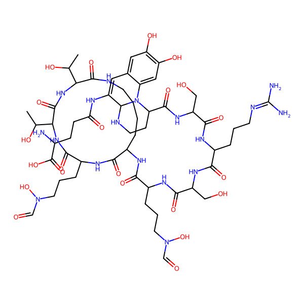 2D Structure of 2-amino-5-[[1-[[1-[[5-(diaminomethylideneamino)-1-[[1-[[5-[formyl(hydroxy)amino]-1-[[9-[3-[formyl(hydroxy)amino]propyl]-3,6-bis(1-hydroxyethyl)-2,5,8,11-tetraoxo-1,4,7,10-tetrazacyclohexadec-12-yl]amino]-1-oxopentan-2-yl]amino]-3-hydroxy-1-oxopropan-2-yl]amino]-1-oxopentan-2-yl]amino]-3-hydroxy-1-oxopropan-2-yl]carbamoyl]-8,9-dihydroxy-2,3,4,4a-tetrahydro-1H-pyrimido[1,2-a]quinolin-5-yl]amino]-5-oxopentanoic acid