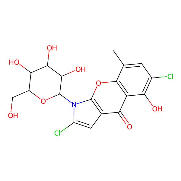 2D Structure of 2,6-Dichloro-5-hydroxy-8-methyl-1-[3,4,5-trihydroxy-6-(hydroxymethyl)oxan-2-yl]chromeno[2,3-b]pyrrol-4-one