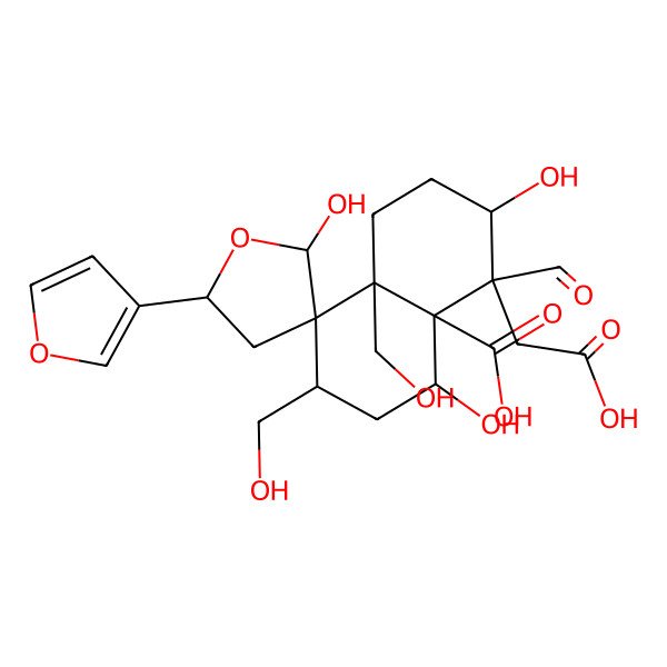 2D Structure of Spiro[furan-3(2H),1'(2'H)-naphthalene]-5'-acetic acid, 4'a-carboxy-5'-formyl-5-(3-furanyl)decahydro-2,4',6'-trihydroxy-2',8'a-bis(hydroxymethyl)-, (1'R,2R,2'R,4'R,4'aR,5S,5'S,6'R,8'aS)-