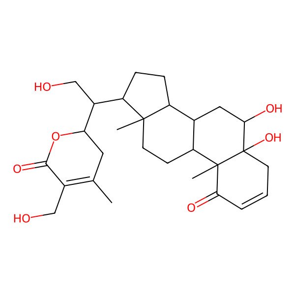 2D Structure of 2-[1-(5,6-dihydroxy-10,13-dimethyl-1-oxo-6,7,8,9,11,12,14,15,16,17-decahydro-4H-cyclopenta[a]phenanthren-17-yl)-2-hydroxy-ethyl]-5-(hydroxymethyl)-4-methyl-2,3-dihydropyran-6-one