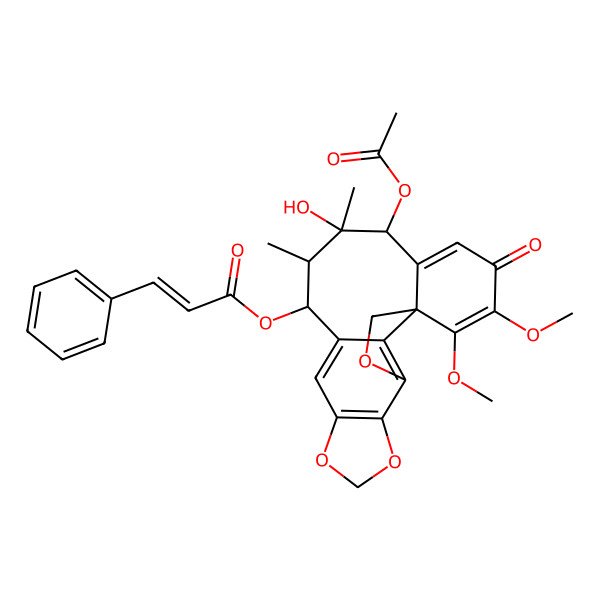 2D Structure of (15-Acetyloxy-14-hydroxy-19,20-dimethoxy-13,14-dimethyl-18-oxo-3,6,8-trioxapentacyclo[9.9.1.01,16.04,21.05,9]henicosa-4(21),5(9),10,16,19-pentaen-12-yl) 3-phenylprop-2-enoate