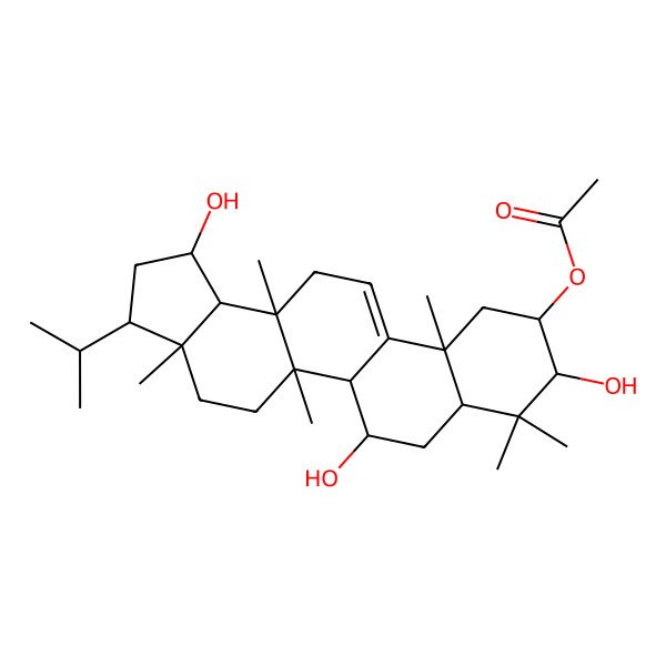 2D Structure of (1,6,9-Trihydroxy-3a,5a,8,8,11a,13a-hexamethyl-3-propan-2-yl-1,2,3,4,5,5b,6,7,7a,9,10,11,13,13b-tetradecahydrocyclopenta[a]chrysen-10-yl) acetate