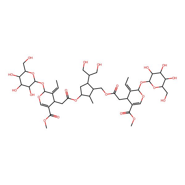 2D Structure of methyl (4S,5Z,6S)-4-[2-[[(1S,2R,3R,5R)-5-(1,3-dihydroxypropan-2-yl)-3-[2-[(2S,3Z,4S)-3-ethylidene-5-methoxycarbonyl-2-[(2S,3R,4S,5S,6R)-3,4,5-trihydroxy-6-(hydroxymethyl)oxan-2-yl]oxy-4H-pyran-4-yl]acetyl]oxy-2-methylcyclopentyl]methoxy]-2-oxoethyl]-5-ethylidene-6-[(2S,3R,4S,5S,6R)-3,4,5-trihydroxy-6-(hydroxymethyl)oxan-2-yl]oxy-4H-pyran-3-carboxylate