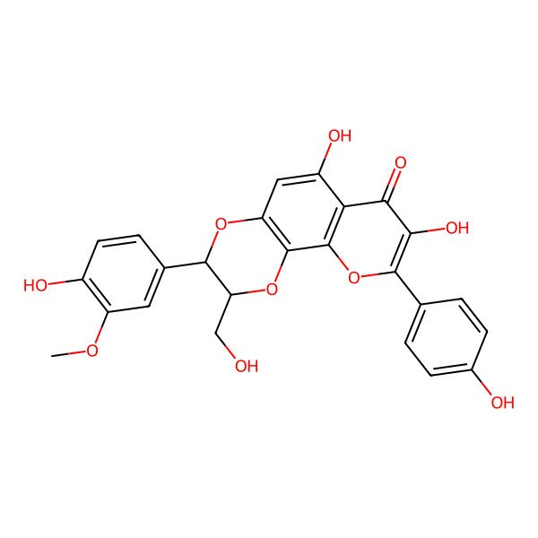 2D Structure of 6,8-Dihydroxy-3-(4-hydroxy-3-methoxyphenyl)-2-(hydroxymethyl)-9-(4-hydroxyphenyl)-2,3-dihydropyrano[3,2-h][1,4]benzodioxin-7-one