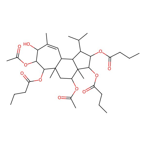 2D Structure of [(1R,2R,3R,3aR,4S,5aR,6S,7S,8S,10aS,10bR)-4,7-diacetyloxy-3,6-di(butanoyloxy)-8-hydroxy-3a,5a,9-trimethyl-1-propan-2-yl-1,2,3,4,5,6,7,8,10a,10b-decahydrocyclohepta[e]inden-2-yl] butanoate