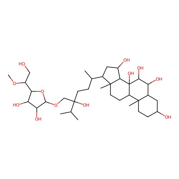 2D Structure of (3S,5S,6R,7R,8S,9R,10S,13R,14S,15R,17R)-17-[(2R)-5-[[(2R,3R,4R,5R)-3,4-dihydroxy-5-[(1R)-2-hydroxy-1-methoxyethyl]oxolan-2-yl]oxymethyl]-5-hydroxy-6-methylheptan-2-yl]-10,13-dimethyl-1,2,3,4,5,6,7,9,11,12,14,15,16,17-tetradecahydrocyclopenta[a]phenanthrene-3,6,7,8,15-pentol
