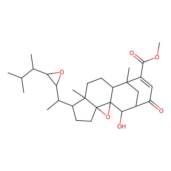 2D Structure of Methyl 12-hydroxy-1,5-dimethyl-6-[1-[3-(3-methylbutan-2-yl)oxiran-2-yl]ethyl]-14-oxo-10-oxapentacyclo[11.3.1.02,11.05,9.09,11]heptadec-15-ene-16-carboxylate