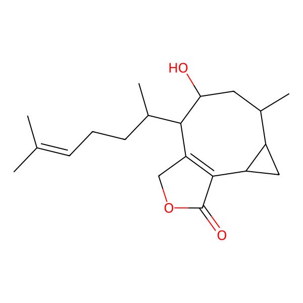 2D Structure of 1H-Cyclopropa(3,4)cycloocta(1,2-c)furan-1-one, 4-((1R)-1,5-dimethyl-4-hexenyl)-3,4,5,6,7,7a,8,8a-octahydro-5-hydroxy-7-methyl-, (4S,5R,7R,7aS,8aS)-