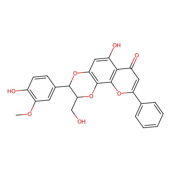 2D Structure of 6-Hydroxy-3-(4-hydroxy-3-methoxyphenyl)-2-(hydroxymethyl)-9-phenyl-2,3-dihydropyrano[3,2-h][1,4]benzodioxin-7-one