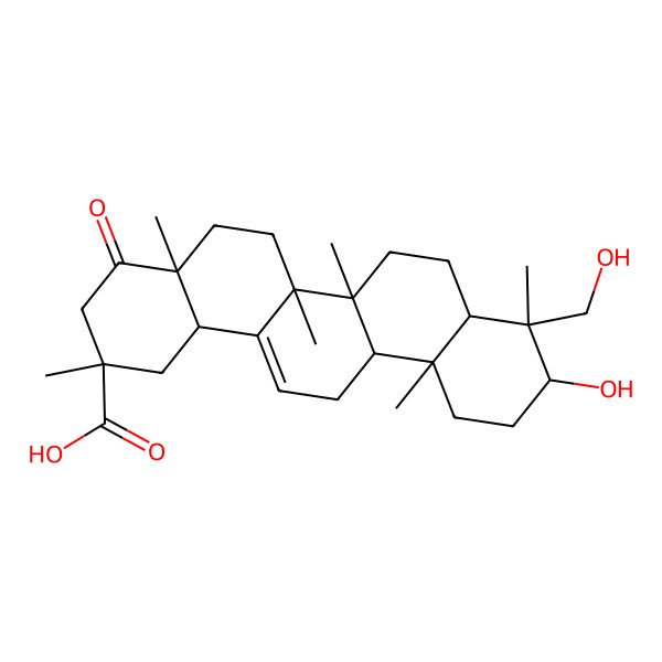 2D Structure of (2S,4aR,6aR,6aS,6bR,8aR,9R,10S,12aR,14bS)-10-hydroxy-9-(hydroxymethyl)-2,4a,6a,6b,9,12a-hexamethyl-4-oxo-3,5,6,6a,7,8,8a,10,11,12,13,14b-dodecahydro-1H-picene-2-carboxylic acid