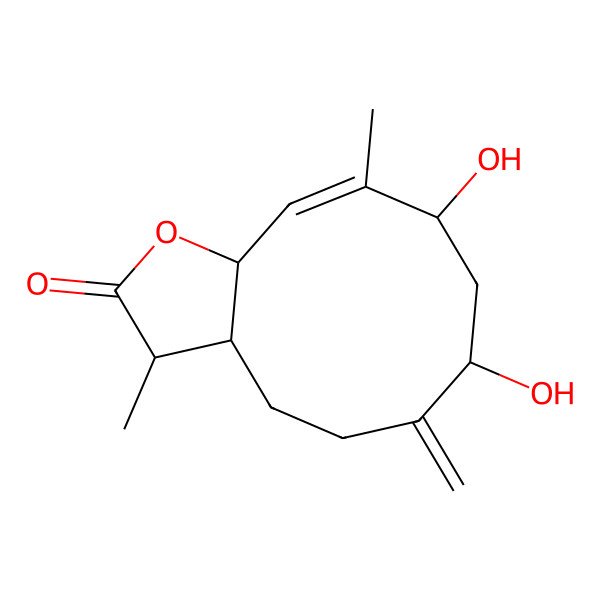 2D Structure of (3S,3aS,7R,9R,10E,11aS)-7,9-dihydroxy-3,10-dimethyl-6-methylidene-3,3a,4,5,7,8,9,11a-octahydrocyclodeca[b]furan-2-one