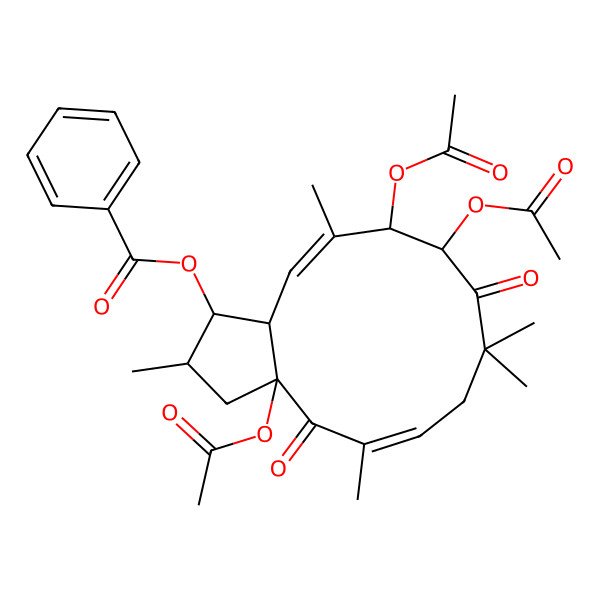 2D Structure of (3a,10,11-triacetyloxy-2,5,8,8,12-pentamethyl-4,9-dioxo-2,3,7,10,11,13a-hexahydro-1H-cyclopenta[12]annulen-1-yl) benzoate
