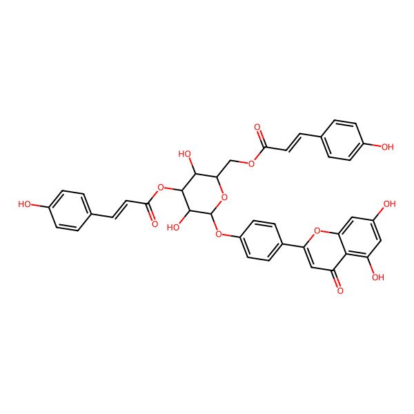 2D Structure of [6-[4-(5,7-Dihydroxy-4-oxochromen-2-yl)phenoxy]-3,5-dihydroxy-4-[3-(4-hydroxyphenyl)prop-2-enoyloxy]oxan-2-yl]methyl 3-(4-hydroxyphenyl)prop-2-enoate