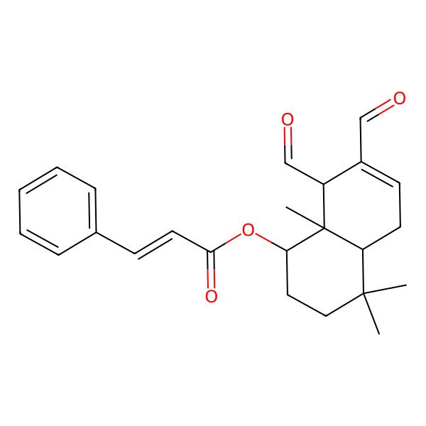 2D Structure of (7,8-Diformyl-4,4,8a-trimethyl-1,2,3,4a,5,8-hexahydronaphthalen-1-yl) 3-phenylprop-2-enoate 2D Structure of (7,8-Diformyl-4,4,8a-trimethyl-1,2,3,4a,5,8-hexahydronaphthalen-1-yl) 3-phenylprop-2-enoate