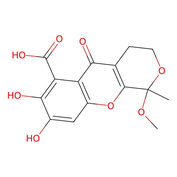 2D Structure of 7,8-Dihydroxy-1-methoxy-1-methyl-5-oxo-3,4-dihydropyrano[3,4-b]chromene-6-carboxylic acid
