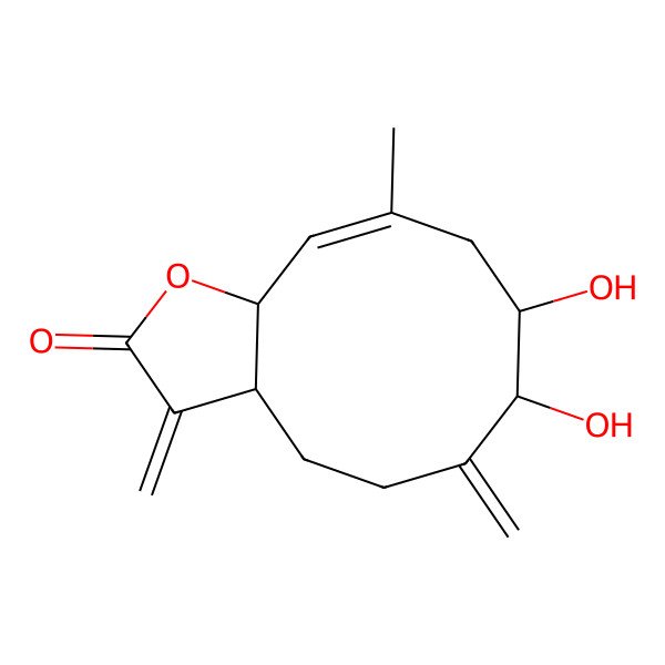 2D Structure of 7,8-dihydroxy-10-methyl-3,6-dimethylidene-4,5,7,8,9,11a-hexahydro-3aH-cyclodeca[b]furan-2-one