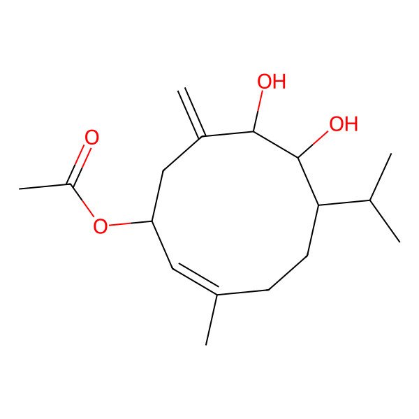 2D Structure of (7,8-Dihydroxy-3-methyl-9-methylidene-6-propan-2-ylcyclodec-2-en-1-yl) acetate 2D Structure of (7,8-Dihydroxy-3-methyl-9-methylidene-6-propan-2-ylcyclodec-2-en-1-yl) acetate