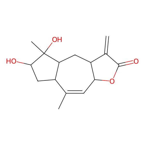 2D Structure of 7,8-dihydroxy-5,8-dimethyl-1-methylidene-5a,6,7,8a,9,9a-hexahydro-3aH-azuleno[6,5-b]furan-2-one