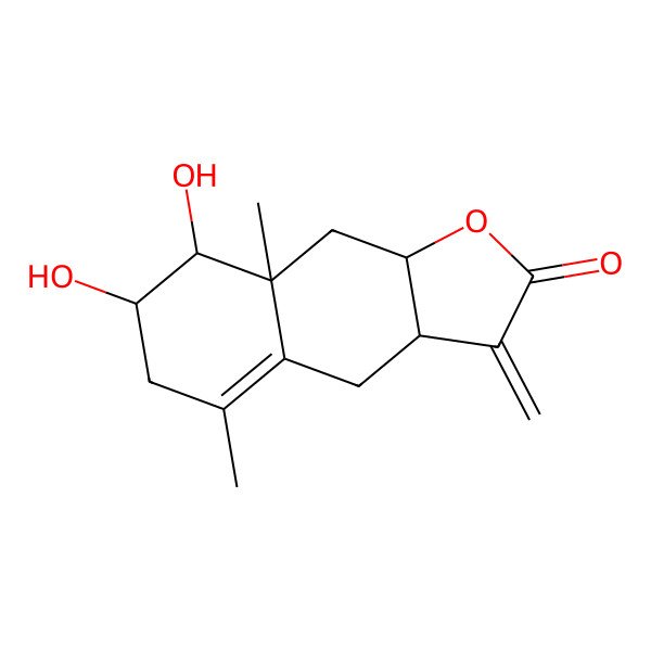 2D Structure of 7,8-dihydroxy-5,8a-dimethyl-3-methylidene-4,6,7,8,9,9a-hexahydro-3aH-benzo[f][1]benzofuran-2-one
