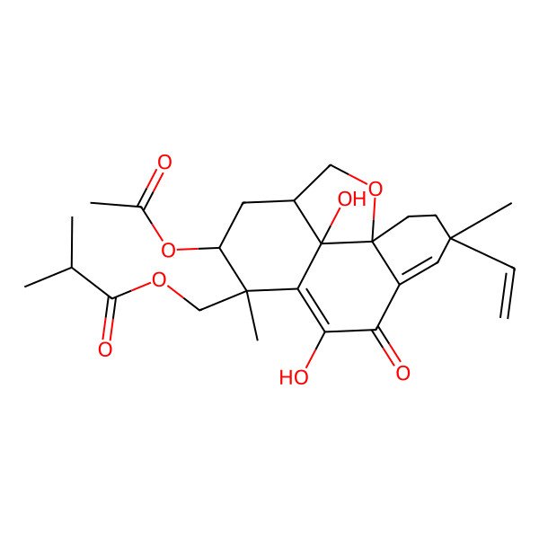 2D Structure of (11-Acetyloxy-4-ethenyl-8,16-dihydroxy-4,10-dimethyl-7-oxo-15-oxatetracyclo[7.6.1.01,6.013,16]hexadeca-5,8-dien-10-yl)methyl 2-methylpropanoate
