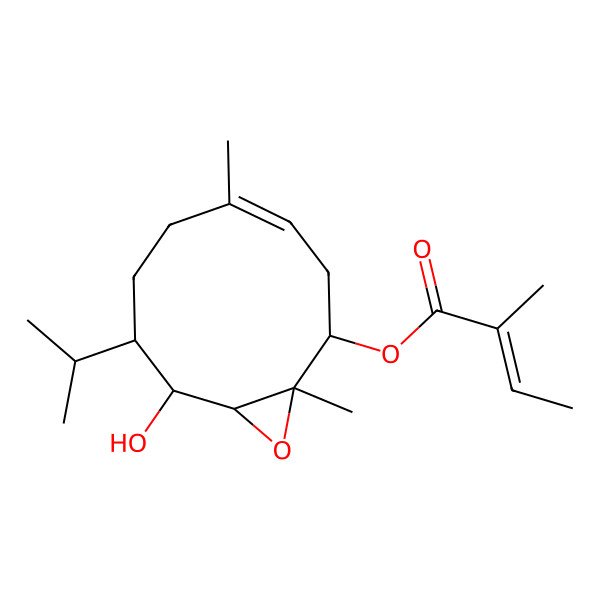 2D Structure of [(1R,2S,4E,8S,9R,10S)-9-hydroxy-1,5-dimethyl-8-propan-2-yl-11-oxabicyclo[8.1.0]undec-4-en-2-yl] (Z)-2-methylbut-2-enoate