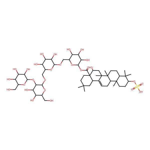 2D Structure of [(2S,3R,4S,5S,6R)-6-[[(2R,3R,4S,5S,6R)-6-[[(2R,3R,4S,5S,6R)-4,5-dihydroxy-6-(hydroxymethyl)-3-[(2S,3R,4S,5S,6R)-3,4,5-trihydroxy-6-(hydroxymethyl)oxan-2-yl]oxyoxan-2-yl]oxymethyl]-3,4,5-trihydroxyoxan-2-yl]oxymethyl]-3,4,5-trihydroxyoxan-2-yl] (4aR,5R,6aR,6aS,6bR,8aR,10S,12aR,14bS)-5-hydroxy-2,2,6a,6b,9,9,12a-heptamethyl-10-sulfooxy-1,3,4,5,6,6a,7,8,8a,10,11,12,13,14b-tetradecahydropicene-4a-carboxylate