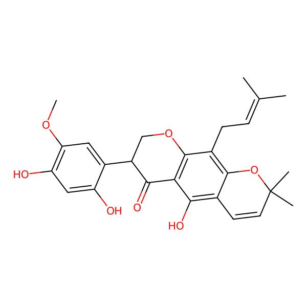 2D Structure of 7-(2,4-Dihydroxy-5-methoxyphenyl)-5-hydroxy-2,2-dimethyl-10-(3-methylbut-2-enyl)-7,8-dihydropyrano[3,2-g]chromen-6-one