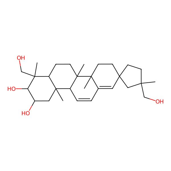 2D Structure of 1,1'-bis(hydroxymethyl)-1,1',4a,10a,10b-pentamethylspiro[3,4,4b,9,10,11,12,12a-octahydro-2H-chrysene-8,3'-cyclopentane]-2,3-diol