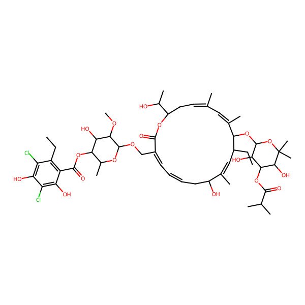 2D Structure of [6-[[(3Z,5Z,9Z,13Z,15Z)-12-[3,5-dihydroxy-6,6-dimethyl-4-(2-methylpropanoyloxy)oxan-2-yl]oxy-11-ethyl-8-hydroxy-18-(1-hydroxyethyl)-9,13,15-trimethyl-2-oxo-1-oxacyclooctadeca-3,5,9,13,15-pentaen-3-yl]methoxy]-4-hydroxy-5-methoxy-2-methyloxan-3-yl] 3,5-dichloro-2-ethyl-4,6-dihydroxybenzoate